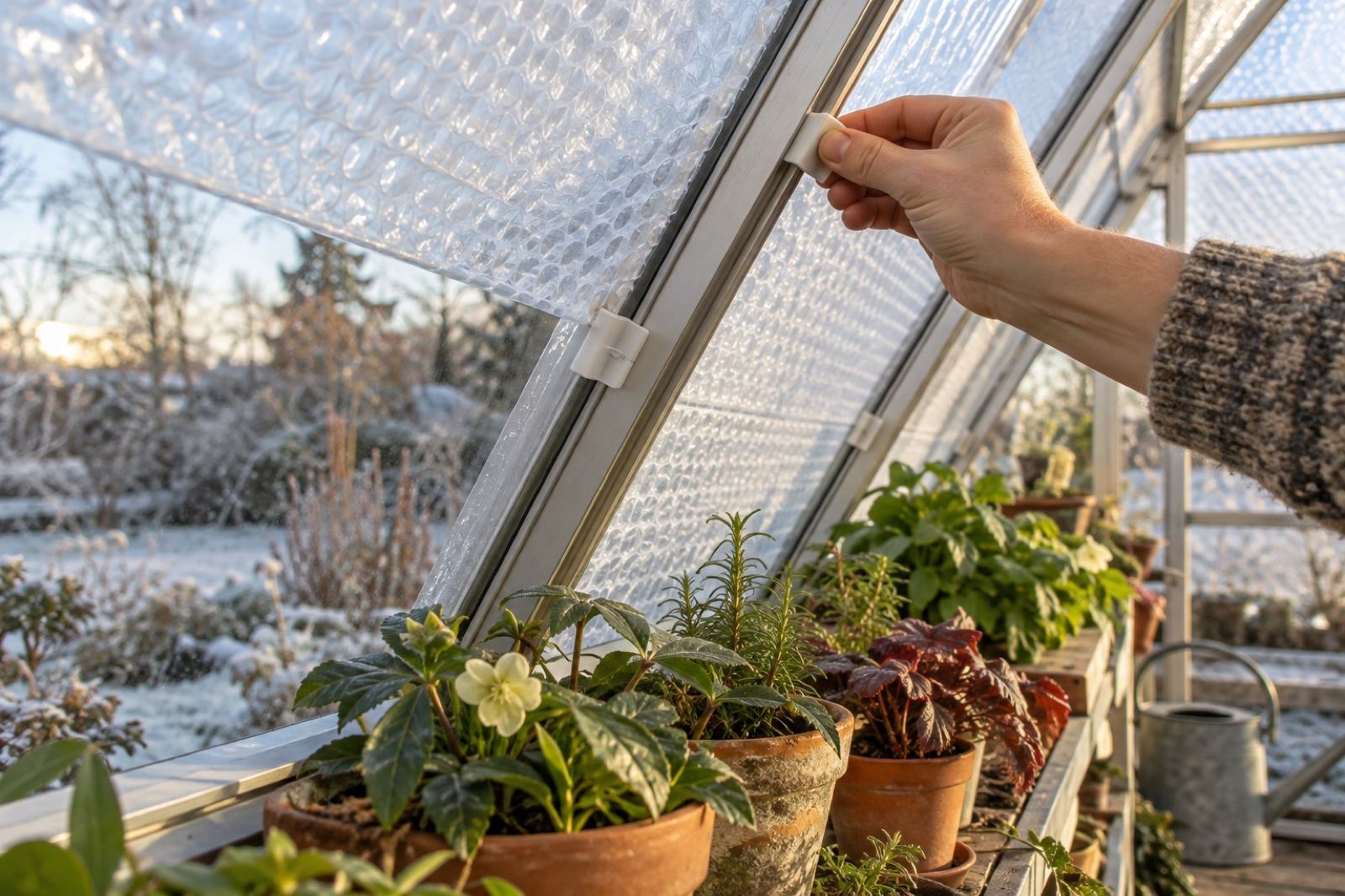Bubbelplast fäst på insidan av växthusets glas inför vintern, med krukväxter på bänken