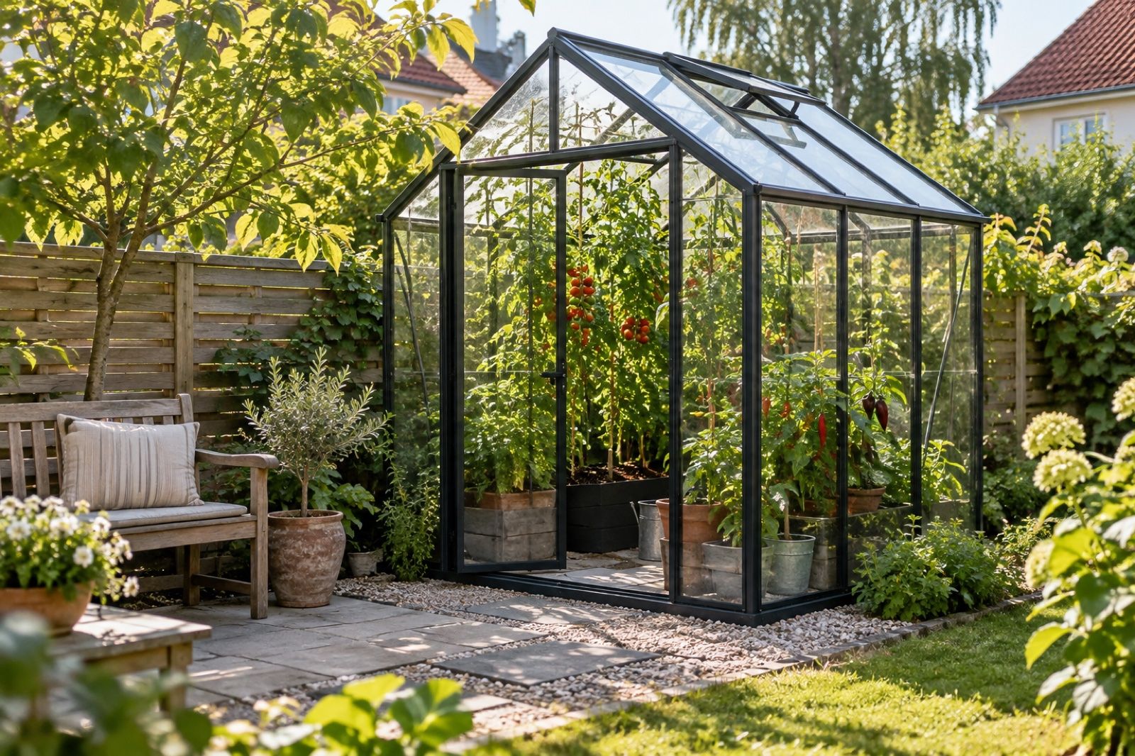 Litet växthus på cirka 4 m² i ett hörn av en liten radhusträdgård med tomater och chili