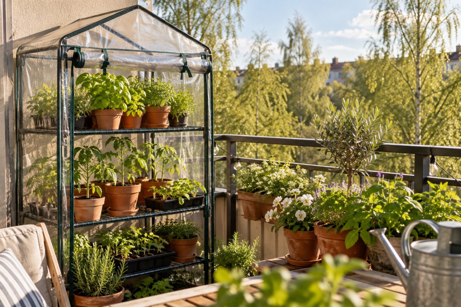 Miniväxthus med hyllor på en balkong, fyllt med småplantor och kryddor i krukor