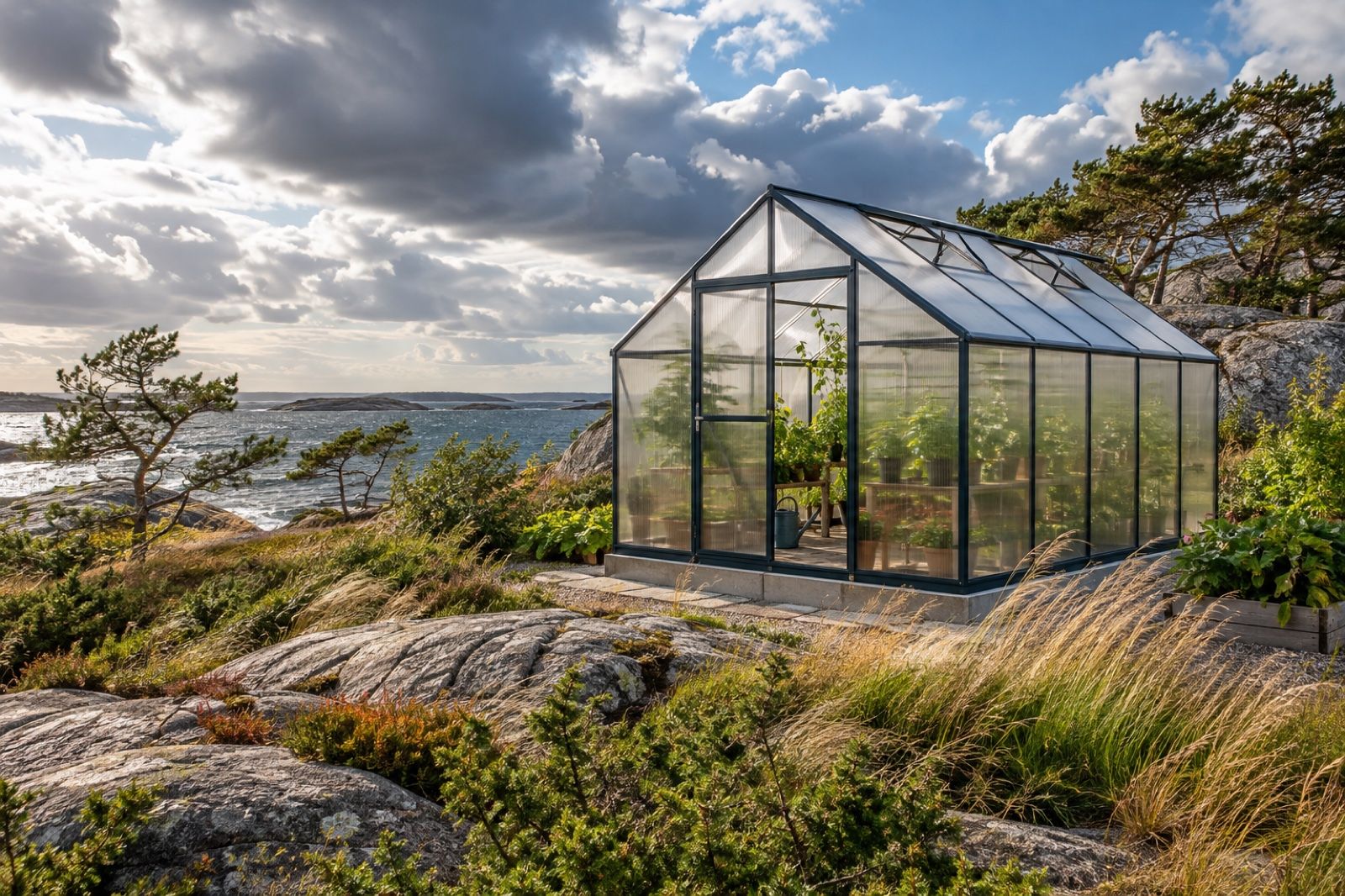 Växthus med kraftig mörk ram på en gjuten grund i en blåsig trädgård vid kusten