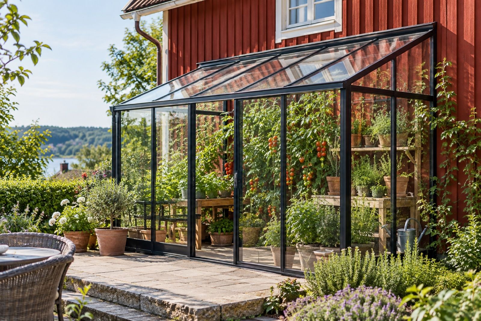 Väggväxthus i glas byggt mot en röd trävägg på ett svenskt hus, med tomater och kryddor innanför