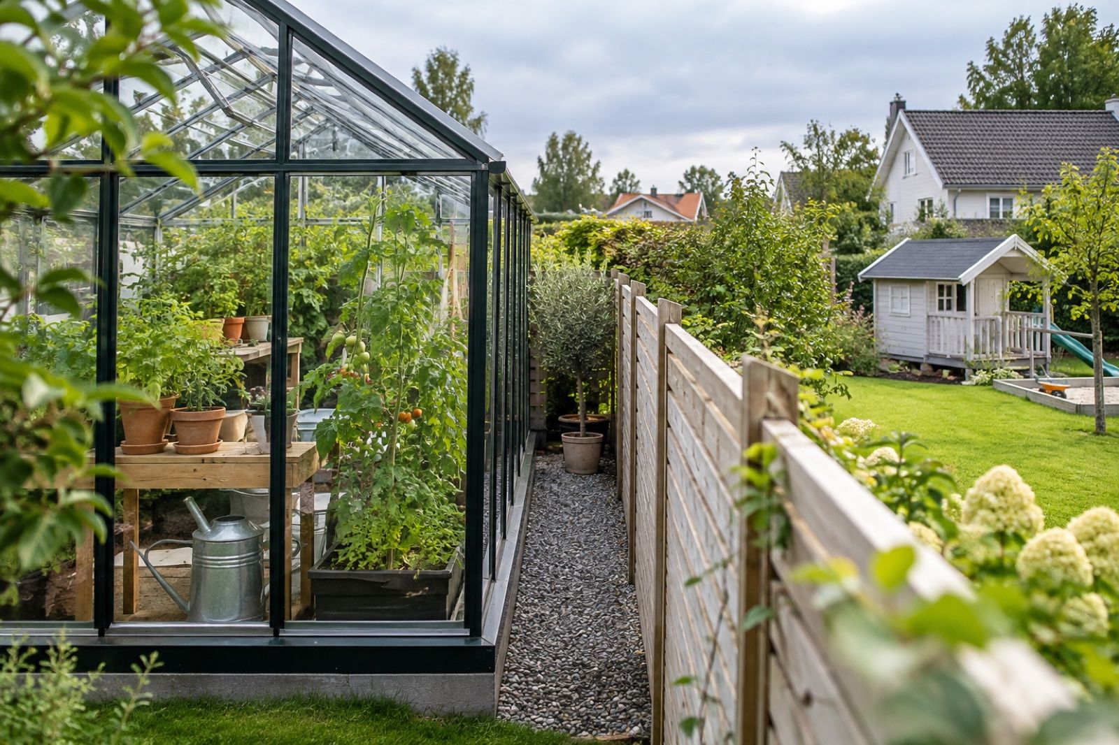 Växthus nära ett staket mellan två villatomter, med grannens trädgård på andra sidan