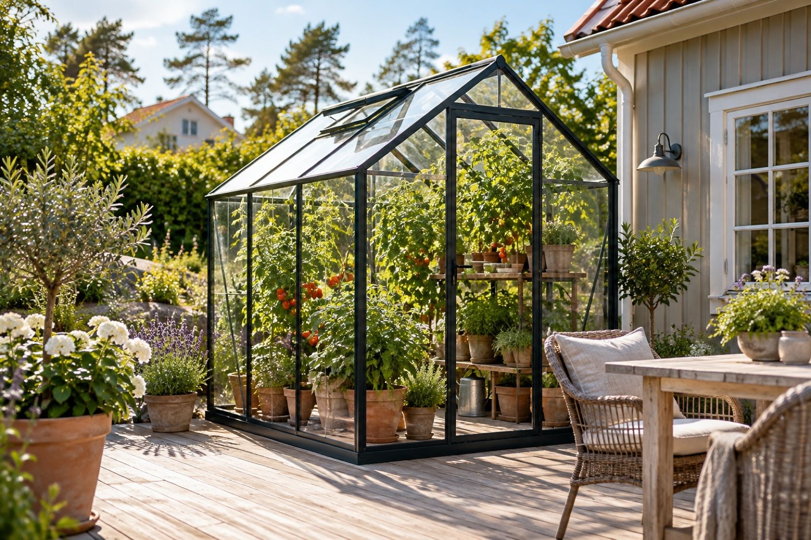 Litet växthus i glas på en altan av trätrall, med krukväxter och utemöbler runt omkring