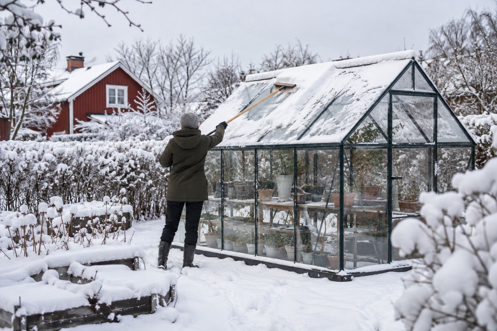 Snö sopas av taket på ett växthus med en mjuk borste en vinterdag